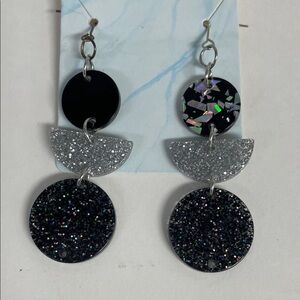 Silver and Black Glitter Dangle Earrings
